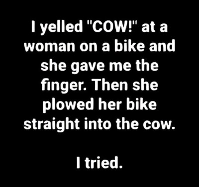 I Yelled COW To A Woman Riding A Bike Gave Me Finger Ran Into Cow