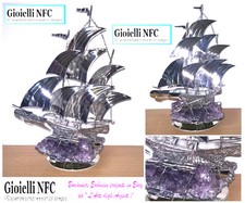 CARAVELLA VELIERO Cm.23Hx14L   SCAFO in FILIGRANA ARGENTO 925% su AMETISTA AR402