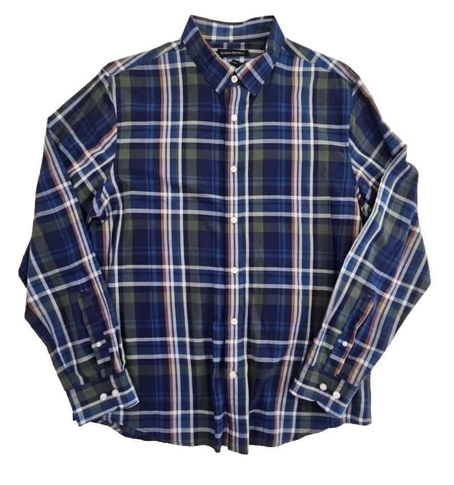 Banana Republic Untucked Slim Fit Shirt Men's L Large Navy Blue Plaid EUC LN