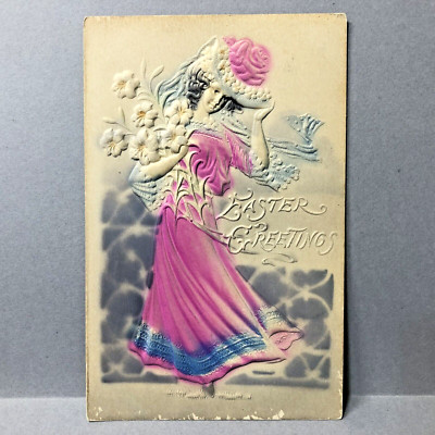 Postcard Easter Greetings Embossed Lady Pink Dress Flowers Big Hat 1908