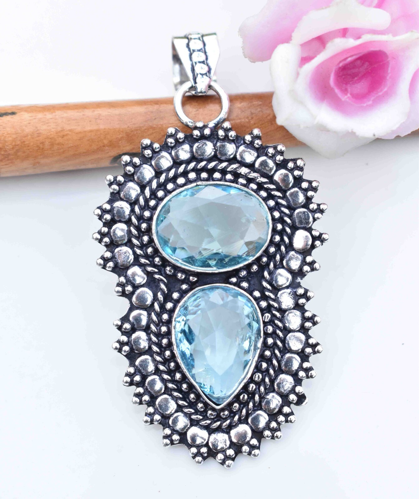 Swiss Blue Topaz Sterling Silver Pendant Handmade Gift for Women S-2.10