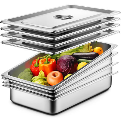 4-Pack 4'' Deep Stainless Steel Hotel Steam Table Pans with Lids - Anti-Jam
