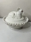 Vintage Westmoreland Fox Covered Dish Milk Glass Glass Eyes Lacy Base 8" Long