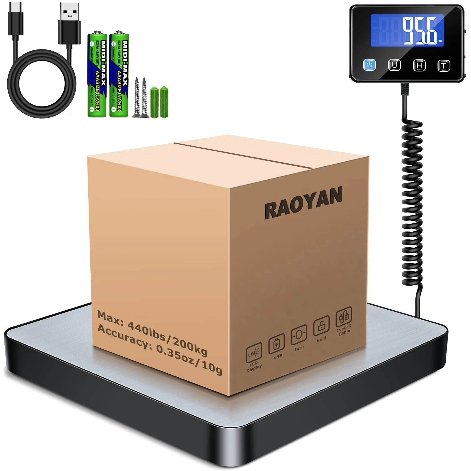RAOYAN Shipping Scale, 440lb/0.5oz High Accuracy Digital Scale for Black