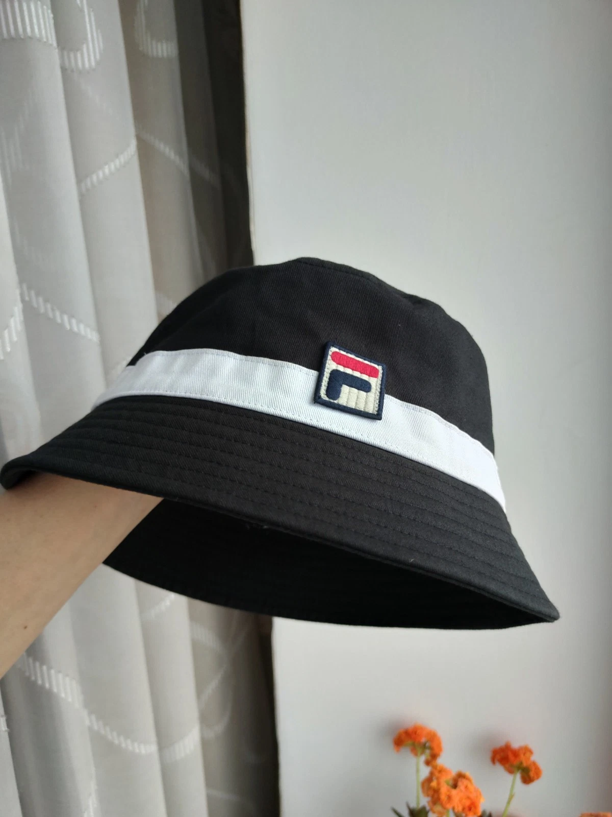 Fila Black White Stripe Box Logo Casual Sun Beach Festival Bucket Hat Panama S M