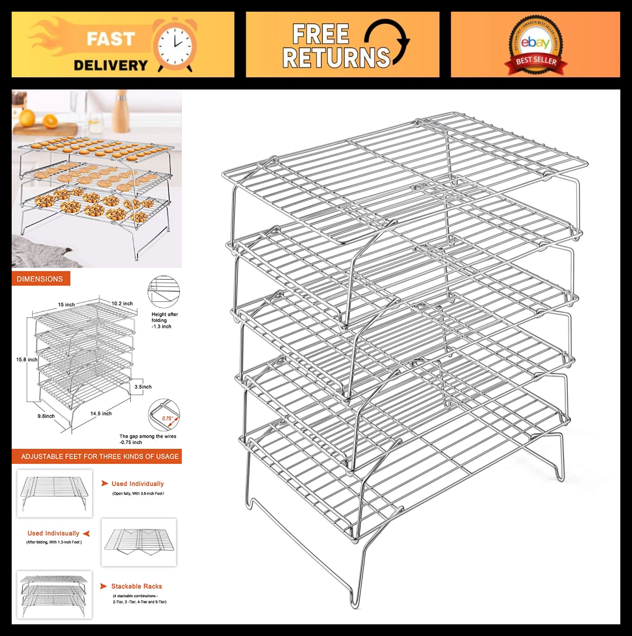 5-Tier Stainless Steel Stackable Cooling Rack for Baking, Roasting & Grilling -