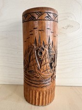 Vintage Chinese Bamboo Brush Pot Vase 7.5” Hand-Carved Ship Design