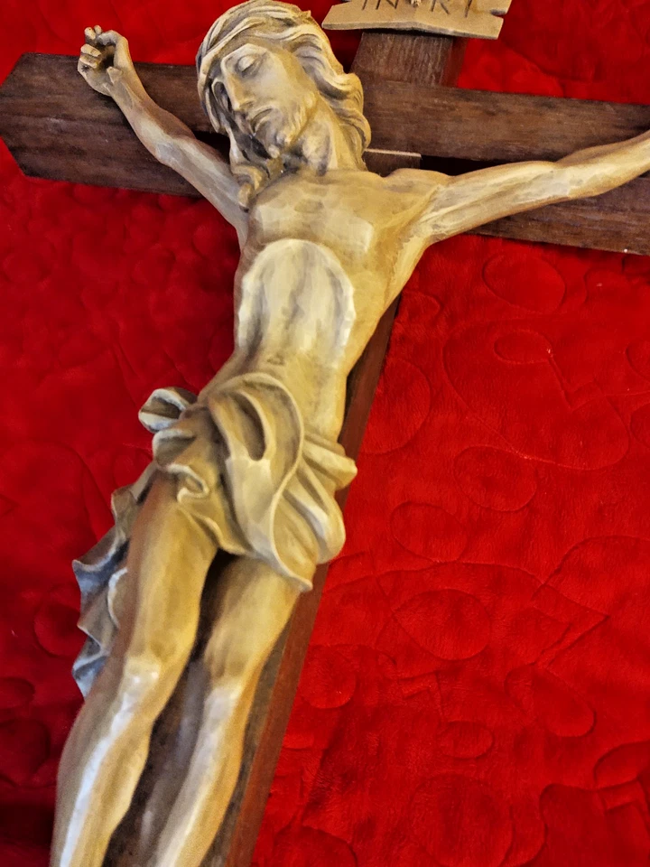 Crucifijo grande de madera, 36" de alto, bellas artes antiguas de Alemania Foto 4 de 4