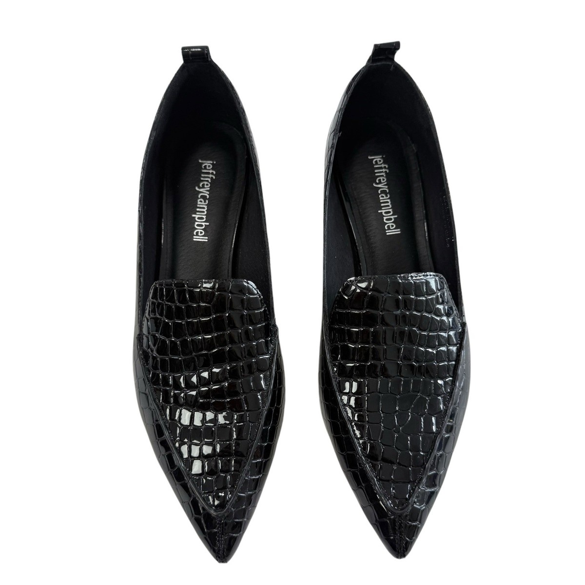 Jeffrey Campbell Viona Black Leather Croc Embossed Pointed Toe Loafers Size 