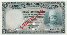 Albania 1 Franka Ari ND. 1926 P 2s Series A  Specimen Uncirculated Banknote HJ S