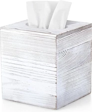 ALELION Rustic Tissue Box Cover Square - Thick Wooden White 