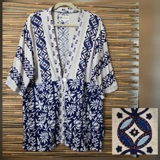 Market Place Handwork of India Shell Kimono Pocket 100% Cotton Shirt Jacket L