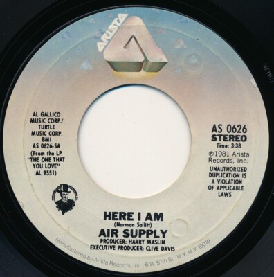AIR SUPPLY - HERE I AM / DON'T TURN ME AWAY - ARISTA AS-0626 - 45 Record VG