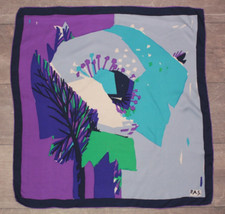 VTG 60s 70s Purple, Teal, Green Blue Abstract P.A.S. Silk Scarf Hand Rolled