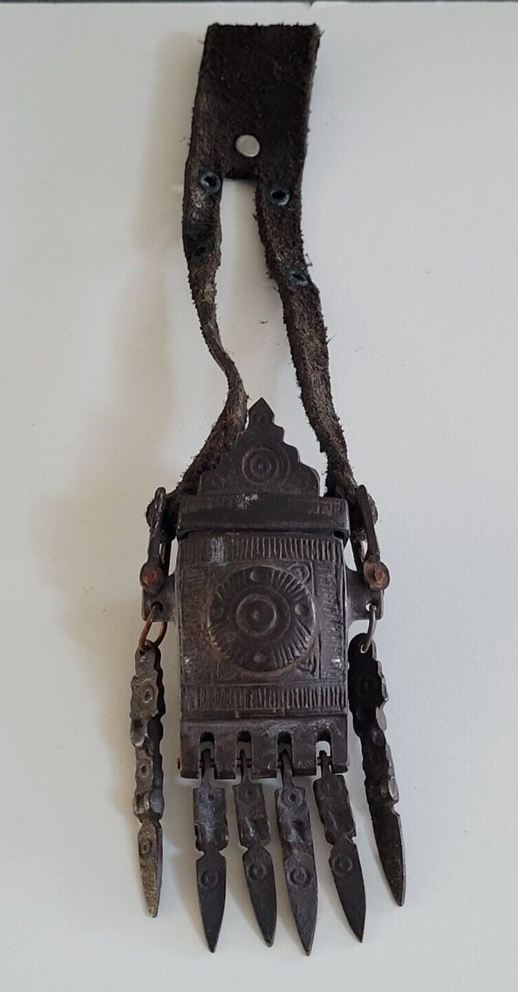 Antique 19th C Old Militia Ottoman Gun powder Holder Box Bronze w Leather Strap