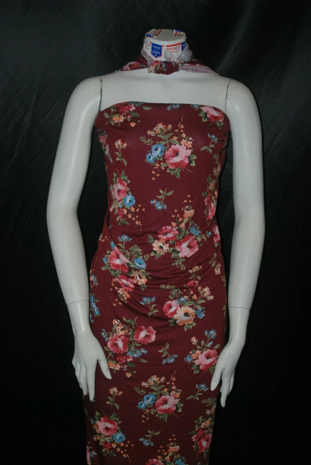 Hermosa tela de punto elástica de rayón floral granate/rosa/aqua/verde 9 oz Foto 3 de 4