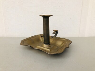 EARLY Antique BRASS Square Base Finger Loop PUSH UP CANDLESTICK Candle Holder