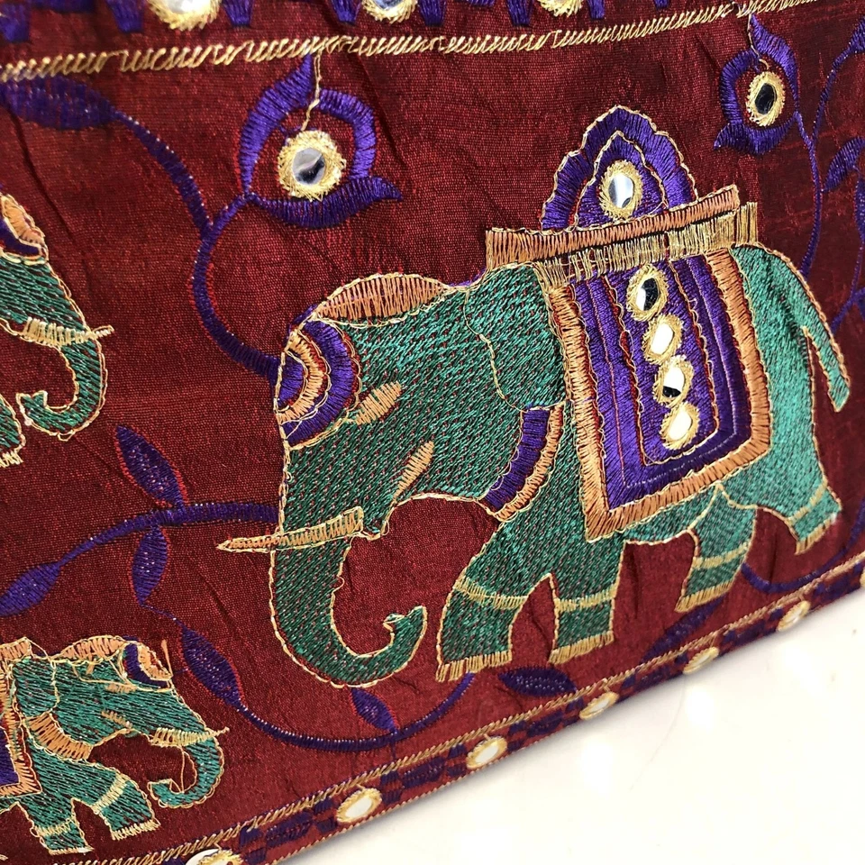 Bolso de Mano ELEFANTES de Seda Bordado Bohemio Años 80 RARO Festival Cartera Cartera Foto 4 de 4
