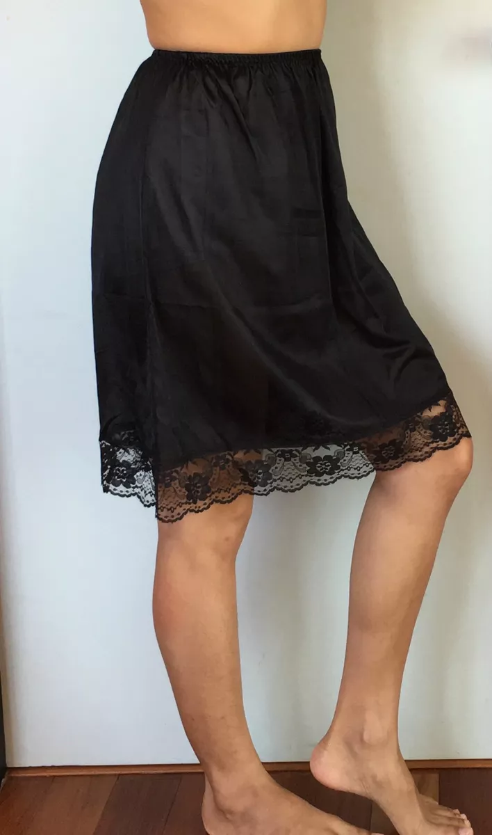 SHEER NYLON HALF SLIP PETTICOAT SKIRT LACE DETAIL BLACK WOMEN