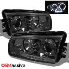 Fits 06-10 Dodge Charger Smoke Dual Halo LED Projector Headlights Halogen Model