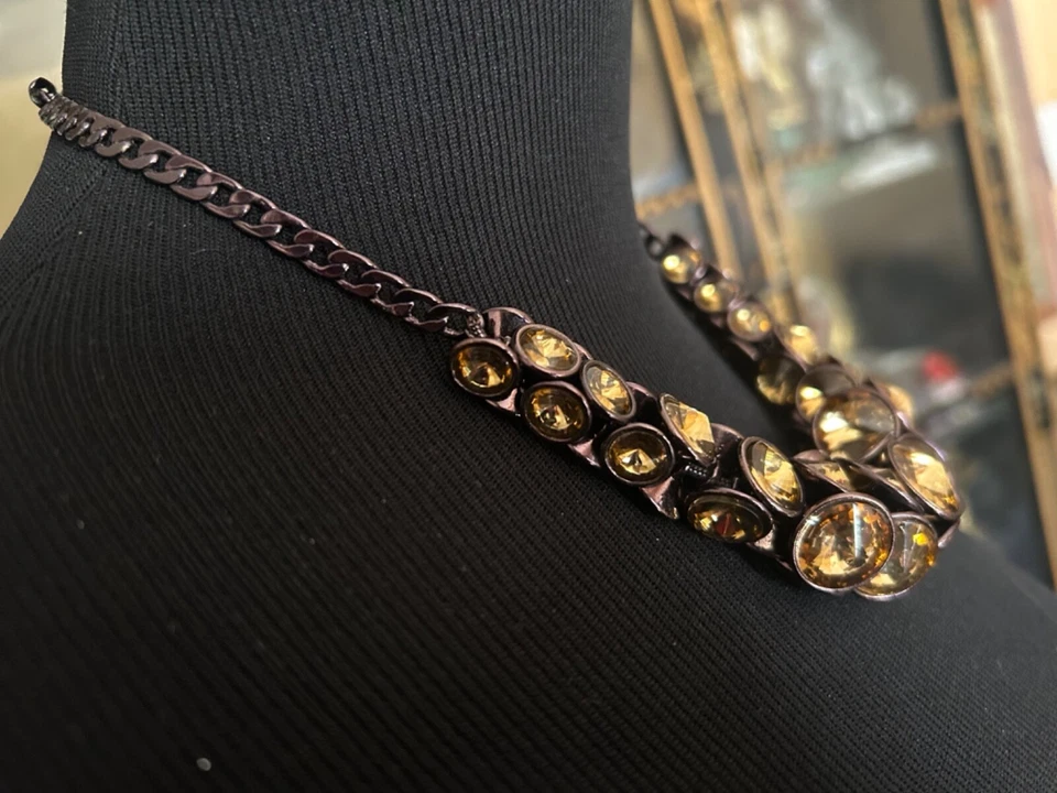 Fossil Brutalist Chunky Amber Rivoli Crystal Stone Collar Necklace Bronze - Image 3 of 4