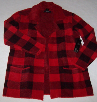 NWT Ali Miles RED/BLACK BUFFALO Check SOFT COZY Open Cardigan Sweater M POCKETS