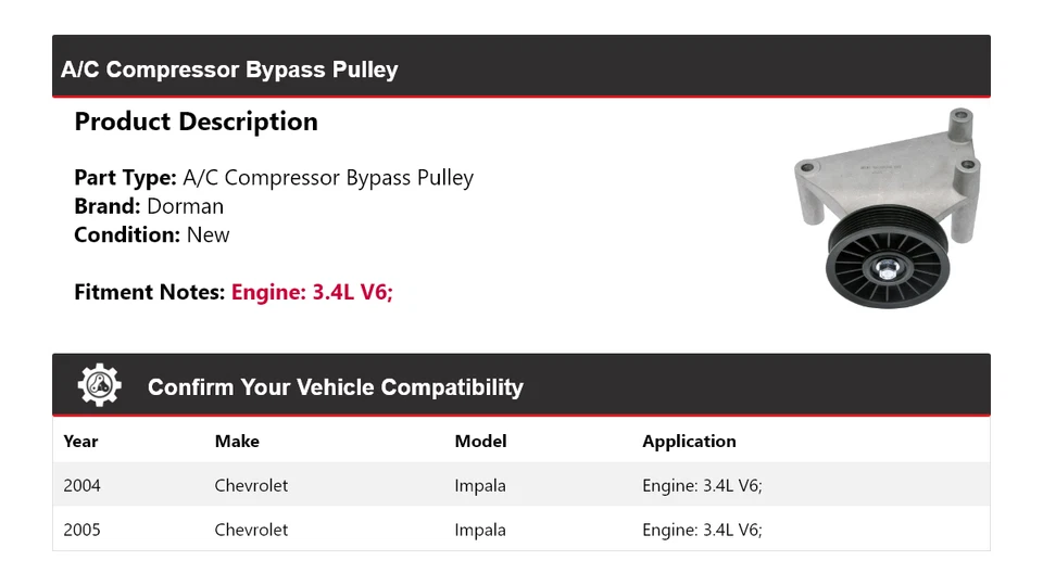 Polea de derivación compresor aire acondicionado Dorman V6 3,4 L Chevrolet Impala 2004-2005 Foto 2 de 4