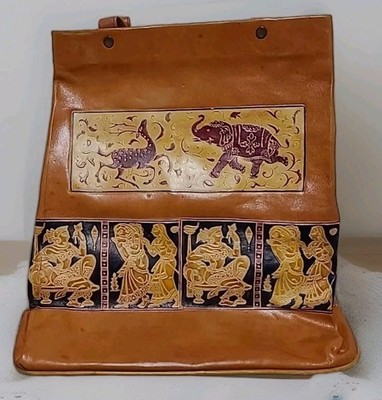 VTG Hand-tooled Brown Leather Sachel Bag w Handles 14x12'' w Hindi Designs in VGC
