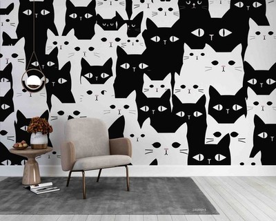 3D Black White Cat Pattern Self-adhesive Removeable Wallpaper Wall Mural