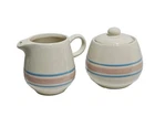 7020 Mc Coy Sugar With Lid And Creamer Stonewear Set Little Blue Pink Stripes