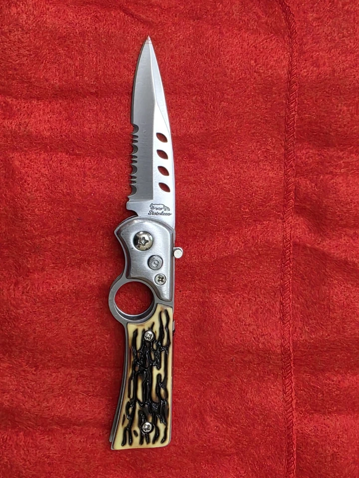 Stainless Folding Pocket Knife Built-In Flashlight–Faux Stag Handle-Spearpoint  - Image 4 of 4
