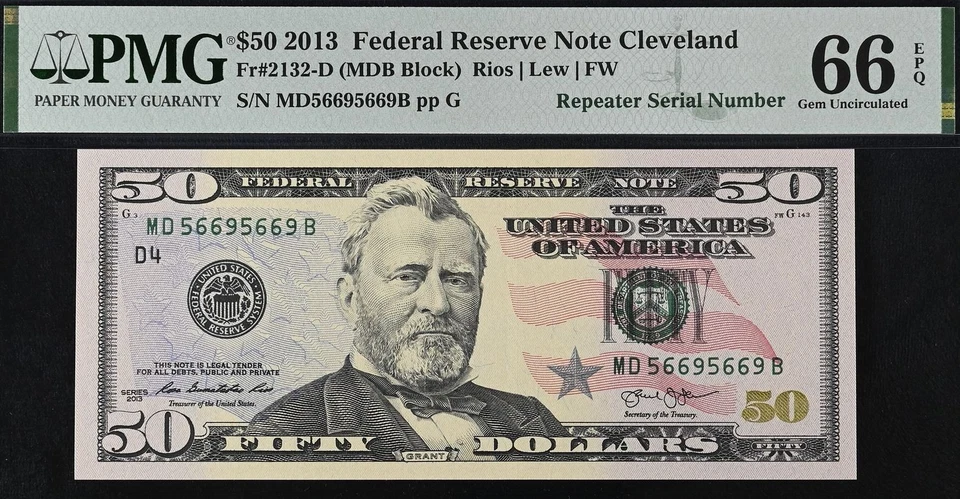 2013 $50 Federal Reserve Note PMG 66EPQ - Fancy Repeater Serial Number 56695669 - Image 2 of 3