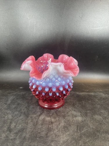 FENTON 4.5” Cranberry Opalescent HOBNAIL Ruffle Vase ART GLASS Pink Vintage FN4