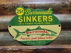 VINTAGE BARRACUDA SINKERS PORCELAIN SIGN OLD FISHING TACKLE LURES FLORIDA FISH