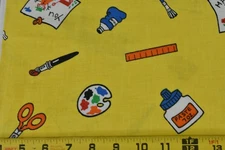 By 1/2 Yd, Vintage/Colorful Painting Supplies on Bright-Yellow Cotton/Manes,V612