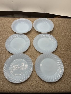 6 Fire King Swirl Azure Ite Blue Tinted Milk Glass Oven Ware Salad Plate Bowl