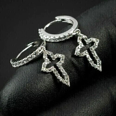 2CT Round Moissanite Drop Dangle Cross Unisex  Earring 14k White Gold Plated