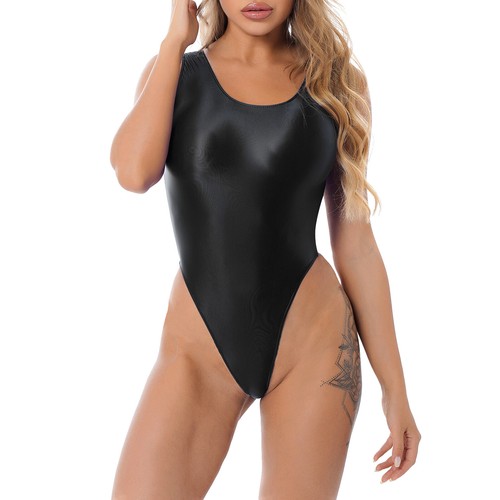 Women Bodysuit Oil Glossy Open Crotch Swimsuits Sleeveless Leotard Sleepwear - Picture 4 of 112