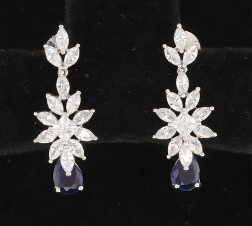 Elegant Marquise-Cut CZ Dangle Earrings with Blue Teardrop Accent