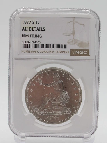 1877-S Seated Liberty Trade Dollar AU Details Rim Filing NGC No Reserve