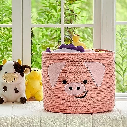 Cestas de animais cesta de armazenamento de corda de algodão cesta de brinquedo tecido grande rosa rosa porco - Imagem 2 de 4