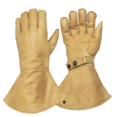Goldtop Fleece Lined Waxed Tan Leather Motorcycle & Cavalry Gauntlet Gloves CE