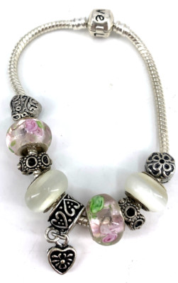 Sterling Silber Bettelarmband Liebe Herz Glasperlen 7,5''