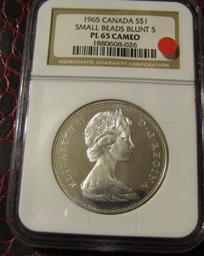 CANADA 1965 SILVER DOLLAR $1..SMALL BEADS BLUNT 5..NGC PL-65 CAMEO