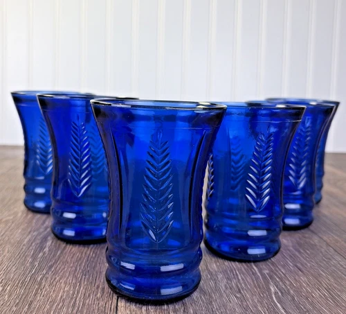 (6) Maryland Glass Cobalt Blue Feather 4" Juice Glasses Tumblers Depression