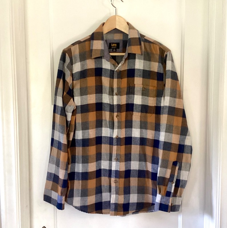 Lee Soft Flannel Shirt Men's Size M Buffalo Plaid Long Sleeve Blue Orange Casual