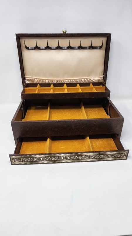 Vintage Mele Jewelry Box 3 Tier Brown with Gold Velvet Lined 