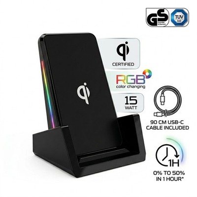 15W Qi Wireless Charger LED RGB Schnellladestation Induktive Ladestation USB-C