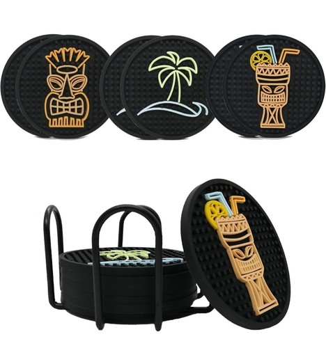 Hushee Tiki Bar Coasters Set Of 6 With Holder – Retro Vinyl Record Silicone Drink Coasters