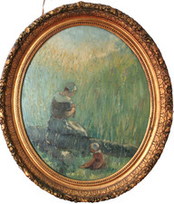 Impressionnisme, Tableau ancien, HSP, Jeune femme et sa fille au jardin, Signé